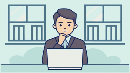 Poster - a illustration of a thoughtful business man using a laptop, with the windows background in office