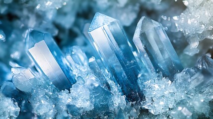 Wall Mural - a chaotic cluster of sharp-edged, crystal-like formations in icy blues and silvers