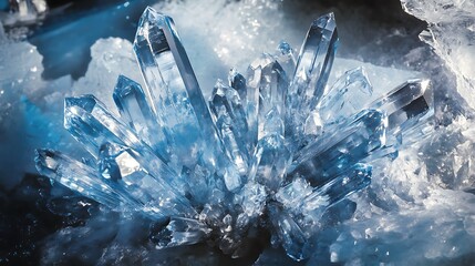 Wall Mural - a chaotic cluster of sharp-edged, crystal-like formations in icy blues and silvers