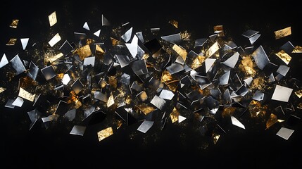 Wall Mural - a chaotic scatter of angular shards in metallic silver and gold, suspended against a deep black back