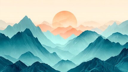Wall Mural - a design featuring abstract mountains in shades of blue and green with a glowing sunrise gradient be