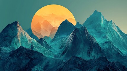 Wall Mural - a design featuring abstract mountains in shades of blue and green with a glowing sunrise gradient be