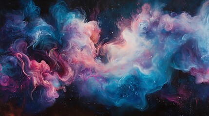 Wall Mural - a dreamy banner with clouds of smoke in vibrant shades of pink, blue, and purple swirling across a d