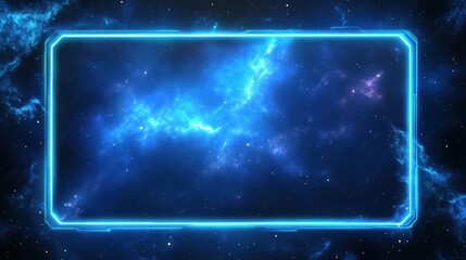 futuristic blue neon frame on cosmic nebula background.