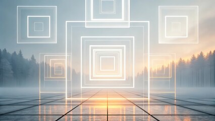 Poster - glowing square abstract design over a foggy forest landscape with sunrise. The neon lights cast a bright glow. 