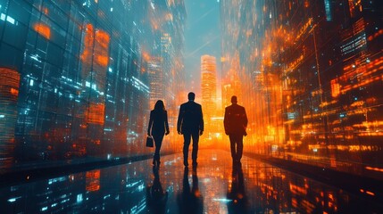 Poster - Three silhouettes walk through a futuristic city at night.