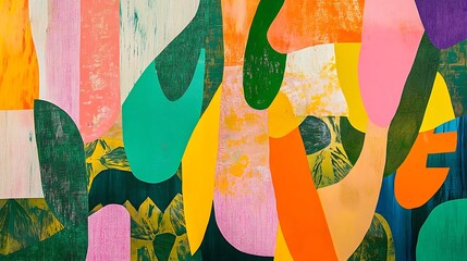 Wall Mural - a funky composition of layered shapes, like confetti, in neon greens, pinks, and oranges