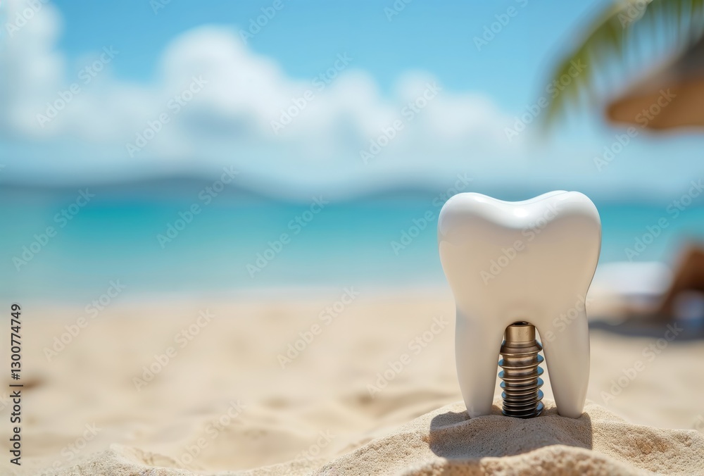 Dental implant concept. White tooth model with metal implant screw ...