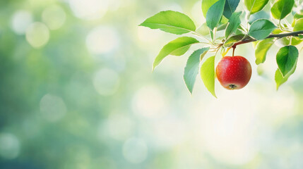 Wall Mural - sunlight creates a natural bokeh effect through the leaves on a red apple hanging from a branch