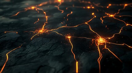 Wall Mural - a high-tech abstract design with glowing circuits and nodes connecting across a dark, textured surfa