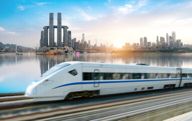 Fototapete - High-speed rail speeds on Bridges and the modern city skyline of chongqing, China