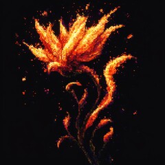 Poster - A Pixelated Fire Flower Blooms in the Night