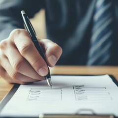 Poster - Business Professional Filling Out a Form with a Pen on a Clipboard, Documenting Information