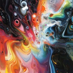 Poster - Colorful Acrylic Pour Painting with Abstract Forms and Swirling Textures: A Mesmerizing Blend of Warm and Cool Tones