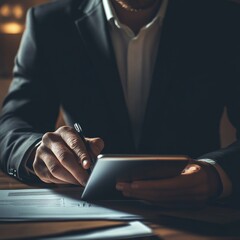 Poster - Signing Documents: A Businessman's Focused Moment of Paperwork and Formal Commitment in Low Lighting