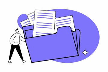 Poster - A person is carrying a folder filled with documents, set against a vibrant purple background, symbolizing organization and information management.