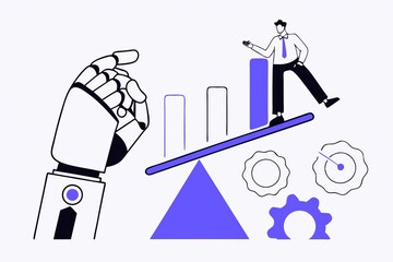 Poster - A stylized illustration depicting a robotic hand and a businessman balancing on a bar chart, symbolizing technology and business growth.