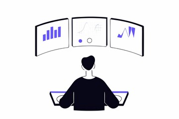 Poster - A person analyzes data trends on multiple screens, showcasing graphs and charts in a modern workspace.