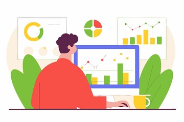 Poster - A person analyzes data on a computer, surrounded by colorful charts and graphs, with a coffee cup nearby, in a modern workspace.