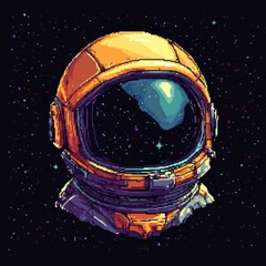 Wall Mural - pixel art astronaut helmet against starry space background