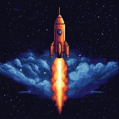 Wall Mural - pixelated rocket ascending through space clouds