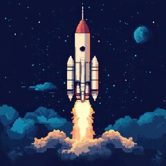 Wall Mural - pixelated rocket launches into space amidst stars