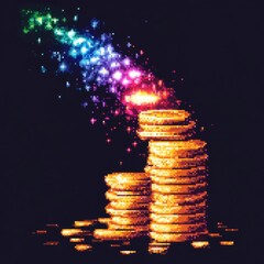 Poster - pixelated gold coins with rainbow magic emanating