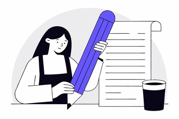 Poster - A woman with a pencil writes on a sheet of paper next to a cup, showcasing a creative and productive workspace.