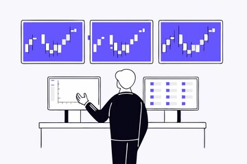 Poster - A person analyzes stock market data on multiple screens, focusing on trading patterns and trends.