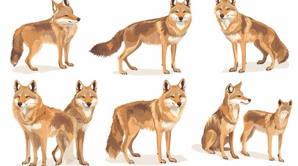Wall Mural - Vibrant set of isolated coyotes in different poses on transparent background. Isolation - Cave. Illustration