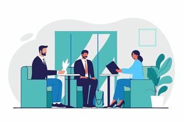 Poster - A professional meeting scene with three individuals engaged in discussion, seated comfortably in modern armchairs, surrounded by plants and a minimalistic backdrop.
