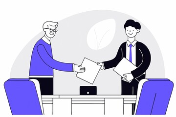 Poster - Two professionals exchanging documents at a desk, symbolizing collaboration and business agreement in a minimalistic, modern setting.