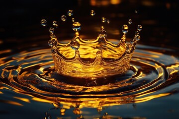 Poster - Golden Water Drop Splash Crown on Dark Surface