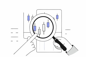 Poster - A hand examining candlestick charts through a magnifying glass, focusing on market trends and data analysis.