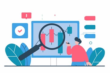 Poster - A person analyzes a financial chart with a magnifying glass, surrounded by colorful graphics, symbolizing data examination and market trends.