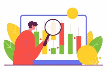 Poster - A person analyzes colorful bar graphs on a laptop screen while holding a magnifying glass, surrounded by green leaves and abstract shapes.