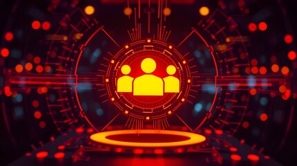Poster - A digital representation of a group of people with abstract technology elements in shades of red and orange