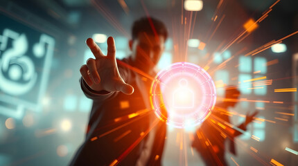 Poster - a person in modern workspace interacting with digital interface and technology. They are reaching out to touch a holographic sphere