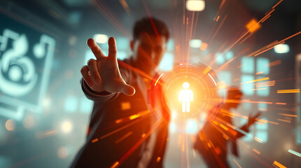Poster - a person demonstrating future technology with light sparks