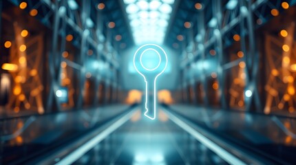 Poster - glowing neon key symbol on a futuristic background. The key appears to be floating in a futuristic hallway or corridor with a sense of mystery