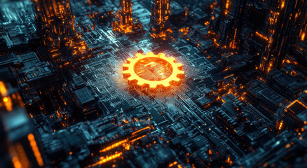 Aufkleber - A gear-shaped golden light shines brightly amidst a complex circuit board design, reflecting a futuristic technological theme