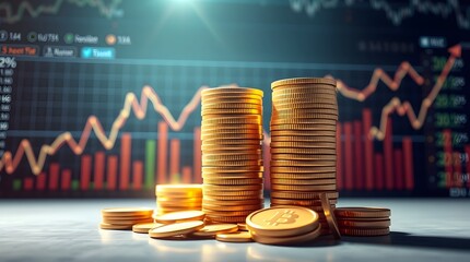 Aufkleber - golden coins stacked in front of a financial graph, symbolizing investment and market growth