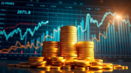 Aufkleber - piles of golden coins with the graph of financial market in the background, symbol of wealth and success