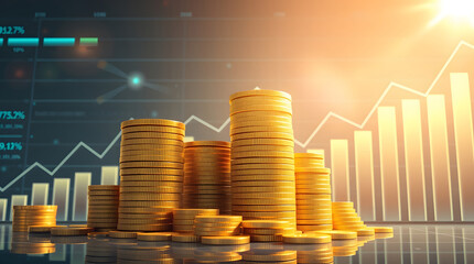 Aufkleber - golden coins stacked high in front of a rising financial graph, symbolizing growth and prosperity