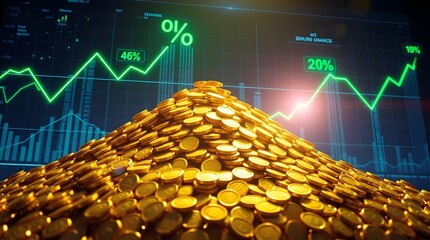 Aufkleber - a large pile of golden coins with a financial graph in background, symbolizing wealth, success, and financial growth