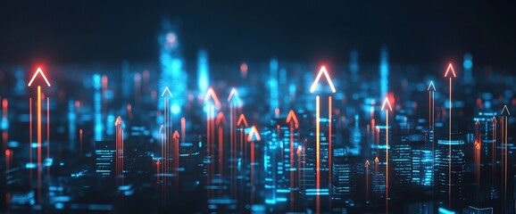 Poster - Abstract Cityscape with Glowing Red and Blue Arrows