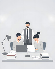 Poster - A team of three working together at a desk with computers and documents 