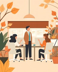 Poster - three colleagues engaging in discussion in a cozy office surrounded by plants and autumn-themed decor, creating a collaborative and inspiring workspace