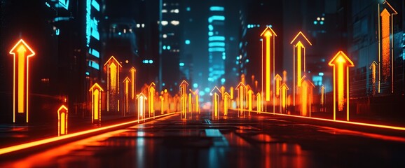 Poster - Neon Cityscape at Night with Glowing Upward Arrows
