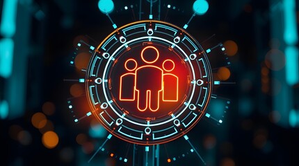 Poster - digital human resources icon concept. The image features a graphic of a group of people within a circular frame, representing human resources and technology integration.
